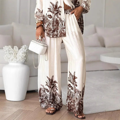 Elegant Women Loose Two Piece Set Chic Floral Print Long Sleeve Shirt Wide Leg Pants Set Bohemian Outfits Loungewear Pajamas Set