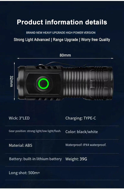 LED Strong Light Flashlight Rechargeable Multi functional for Long Range Portable Outdoor Home Mini Flashlight Cap Clip Light