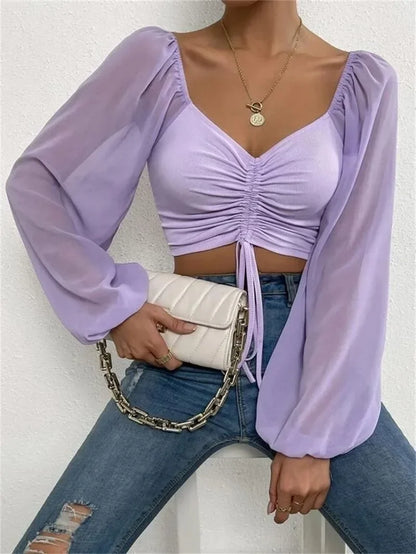 Plus Size Women Tops Drawstring Front Sheer Sleeve Crop T-Shirt Plunge Neck Long Sleeve Ribb-knit Ruched Blouse Spring Summer