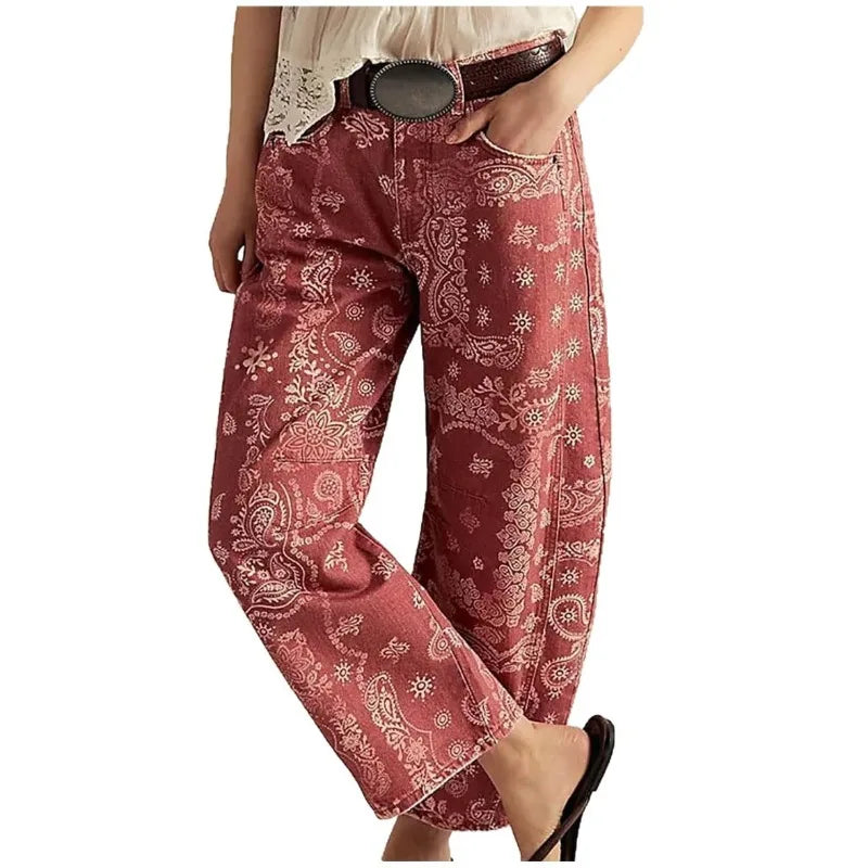 New Spring and Autumn Women's Loose Denim Flower Print Denim Pants Wide-leg Pants