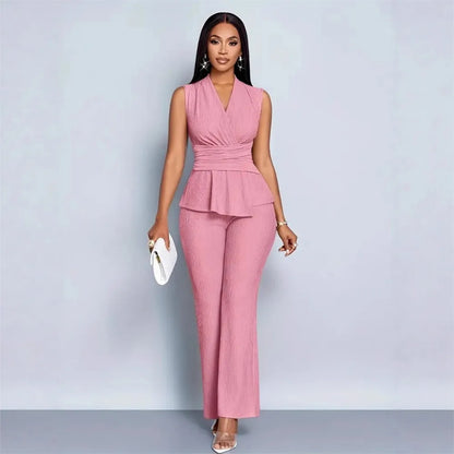 New Spring Summer Women's Trousers Two-piece Elegant Slim V-neck Sleeveless Irregular T-shirt Wide-leg Pants Office 2-piece Set
