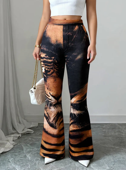 Women High Waist Tiger Print Flare Pants Vintage Animal Pattern Stretch Bell‑Bottom Trousers Club Party Streetwear Pants