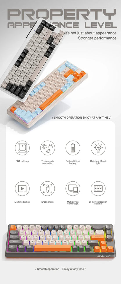 FREEWOLF M68 Wireless Keyboard and Mouse Set Multidevice Connection 68 Keys Mini Keyboard and A3 Mouse Kit PBT keycaps Backlight