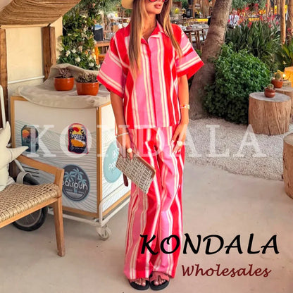 KONDALA Chic Women Striped Casual Suit Single Breasted Straight Shirt+Elastic Waist Long Pants Fashion 2026 Elegant Mujer Suit