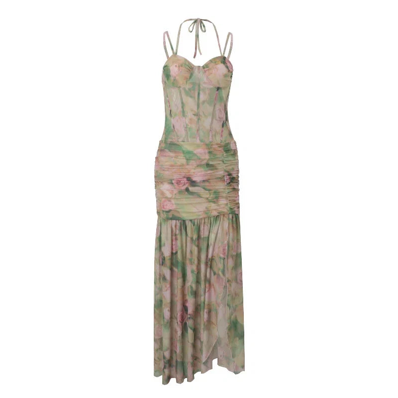 hirigin Women Sleeveless Corset Dress Y2K Floral Print Ruched Split Party Long Dress for Vacation Cocktail Beach Streetwear
