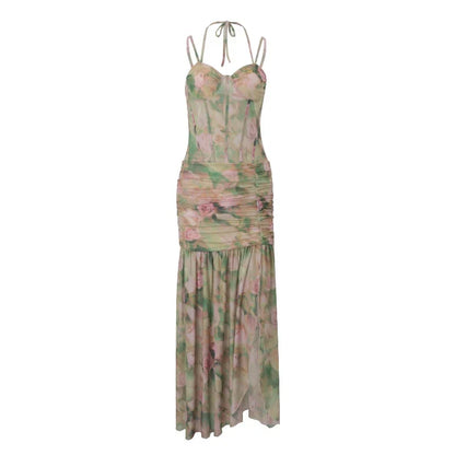 hirigin Women Sleeveless Corset Dress Y2K Floral Print Ruched Split Party Long Dress for Vacation Cocktail Beach Streetwear