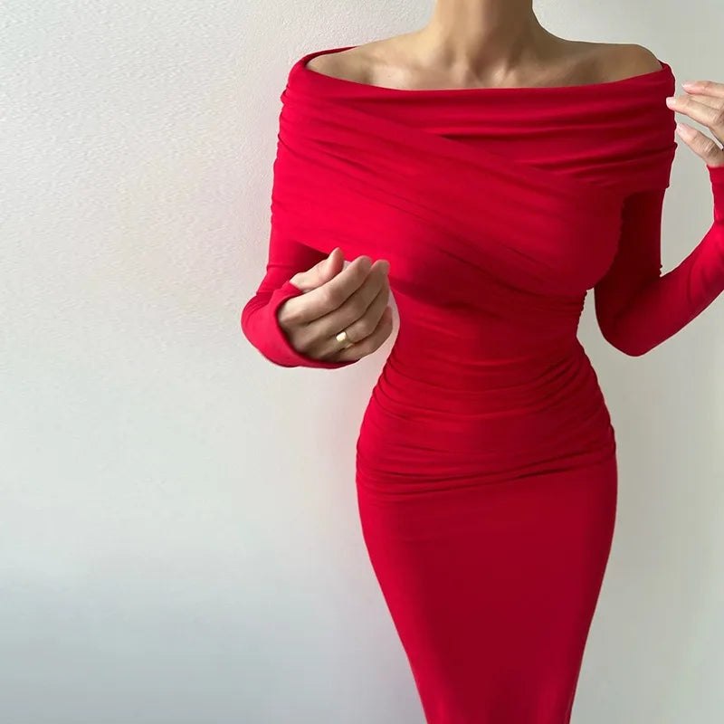 2025 New European and American Dresses for Women, One-shoulder Long-sleeved Temperament, Waist-packing Hip Skirt