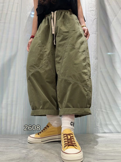Patchwork Denim Washed Cotton Casual Pants Women Plus Size Loose Cropped Pants 2026 Spring Summer Denim Jeans JLJ522