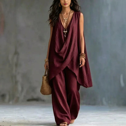 Women Holiday Blouse Pant Suits Summer Sexy V Neck Sleeveless Loose Asymmetrical Blouse Tops&Wide Leg Full Trouser Sets