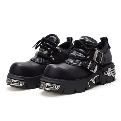 Platform Metal Punk Flats Cross Tied Buckle Single Shoes Zip Round Toe Gothic Runway Casual Women Shoes Goth Black Chunky