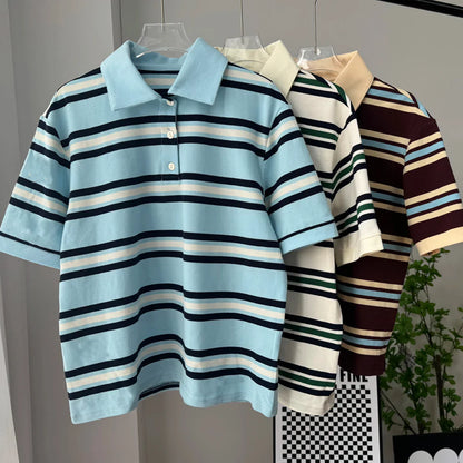 Hirsionsan Polo Neck T Shirt Women Soft Chic Tees 95% Cotton Jumper Clothes Loose Casual Pullover 2025 Summer New Crop Tops
