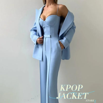 Solid Suit Jacket Corset Pants 3 Piece Set Women Corset Lapel Coat Straight Pants Lady Set 2026 Summer Autumn Commute Outfit New