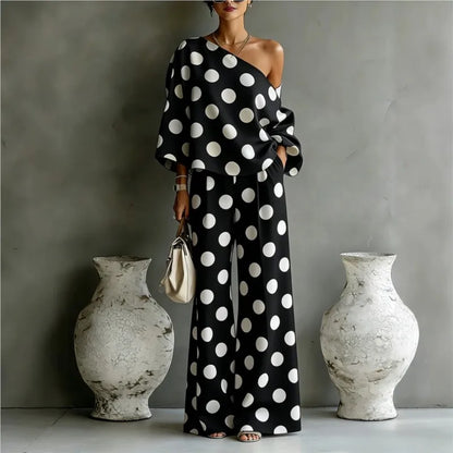 Bohemian Fashion Polka Dot Print Two-piece Set Woman's Foreign Style Slant Collar Top+wide Leg Pants Suit Lady Loose Fit Outfit