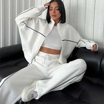 2026 New Cross-Border European American Amazon Casual Set: Long-Sleeve Semi-High-Neck Cardigan Sweatshirt With Tie And Striped
