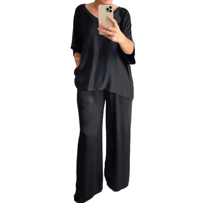 Summer Short-sleeved T-shirt Two-piece Set For Women V-neck Top Pullover Wide-leg Pants Suit For Women Spring Loose Satin Suit