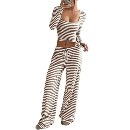 Women's Striped 2 Piece Outfits Long Sleeve Square Neck Cropped Top Drawstring Wide Leg Pants Set Casual Lounge Lady Sweatsuits