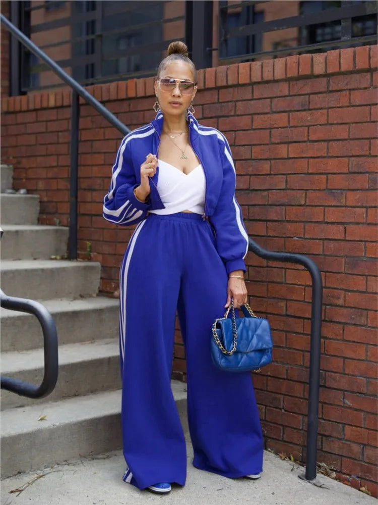 Fashion Splicing Striped Zipper Sports Suit Women'S Spring Autumn Thick Hoodie Casual Loose Wide Leg Trousers 2 Piece Set Female