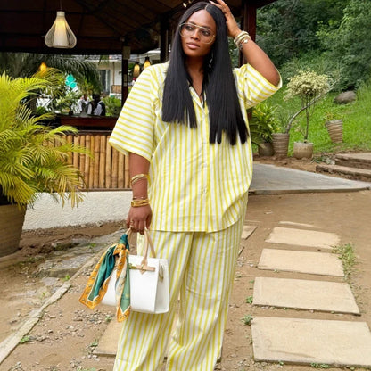 New African Fashion Women Two Piece Set Yellow Striped Printed Loose Shirt Top and Wide Leg Pants Set Outfits