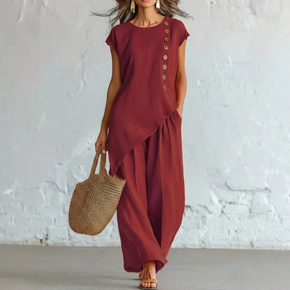2026 Women 2 Piece Set Elastic Waist Pocket Button Decorate Wide Leg Pants+Solid Blouse Suit Casual Top Trousers Lady Outfits