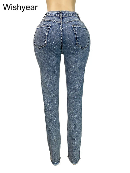 Fashion Skinny Stretch Jeans for Women Luxury Diamonds Hole Pencil Pants High Waist Washed Streetwear Y2k Streetwear Trousers