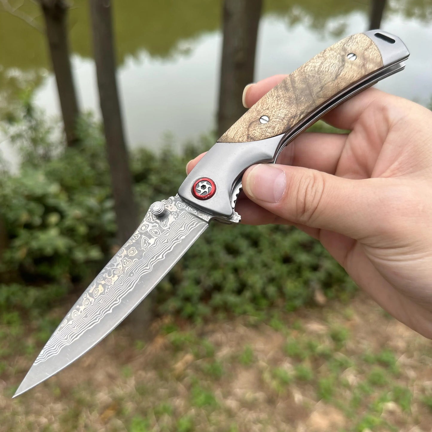 Topwell Handmade YH003 EDC Folding Knife Perfect Quality Damascus Steel Blade Rosewood Handle Kraft First layer Leather Sheath