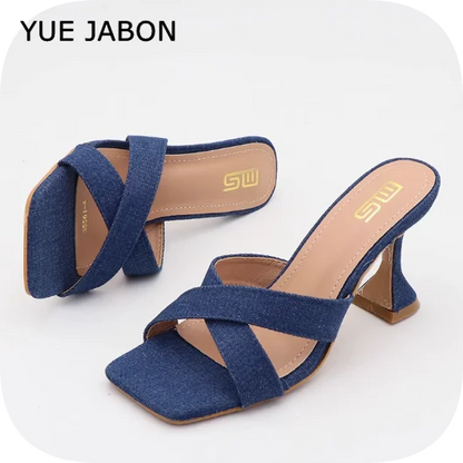Blue Women's Shoes 2026 Fashion Summer Women's Slippers Square Toe Solid Color Denim Slip On Chunky Heels Casual Shoes Women