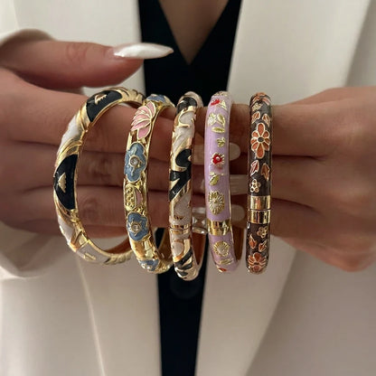 Elegant Enamel Dropped Glaze Flower Texture Bracelet For Women Retro Gold Plated Evil Eye Floral Zircon Bangle Party Jewelry