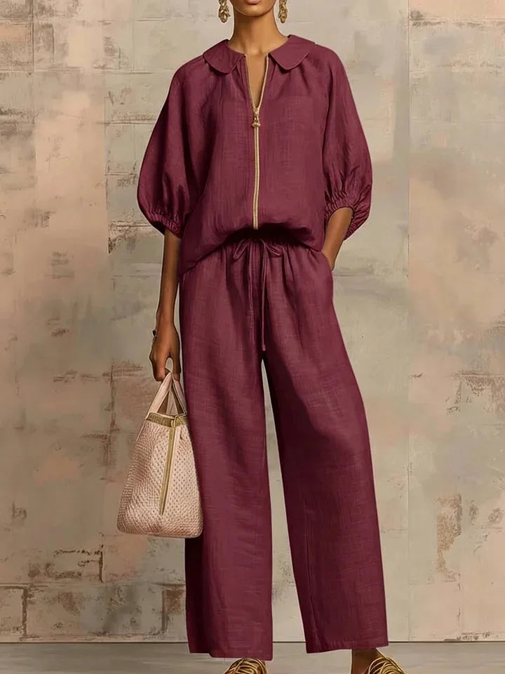 Women's Casual Solid Color Cozy Pant Set Chic Laple Zipper Short Sleeve Shirt Elasticity Waist Pant Suit Women New Two Piece Set