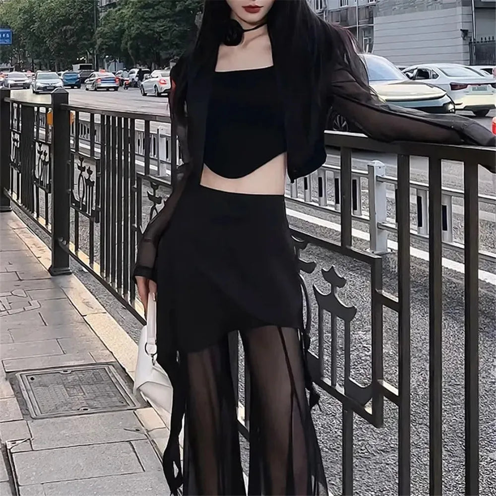 Y2k Korean Style Clothing Black 2 Piece Sets Women Hollow Out Mesh Grunge Simple Sping Streetwear High Waist Pants Outfit Sets