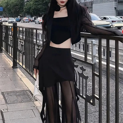Y2k Korean Style Clothing Black 2 Piece Sets Women Hollow Out Mesh Grunge Simple Sping Streetwear High Waist Pants Outfit Sets