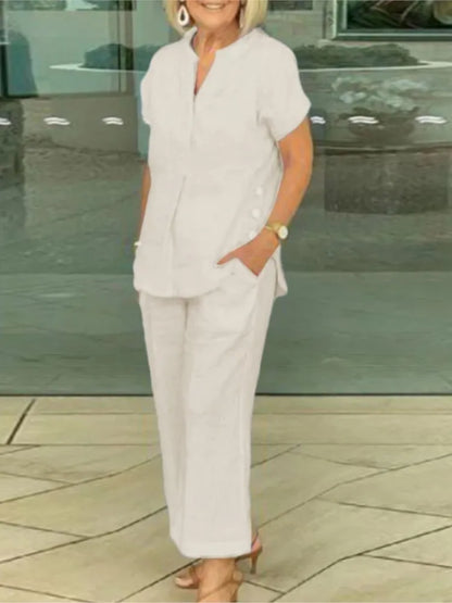 New Summer Women's Short-sleeve Tops Pants Casual Two-piece Suit Fashion Elegant Office Solid Holiday 2-piece Set Women Clothes