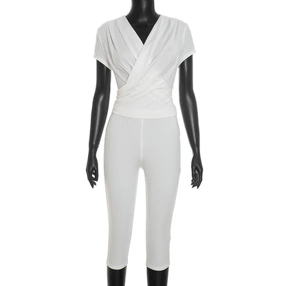 Stylish Lady Cross V Neck Ruched Short Sleeve Two Piece Set High Waist Capri Pants 2026 Women Solid Bodycon Casual Tracksuit