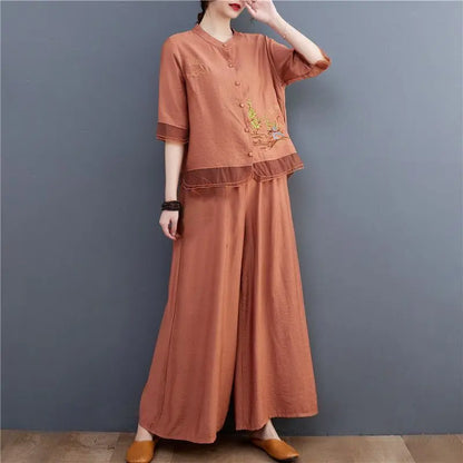 Spring Summer Women Leisure Pants 2PCS Middle Aged Mother Cotton Linen Suit 2026 Female Embroidery Two-piece Set Large Size 5XL