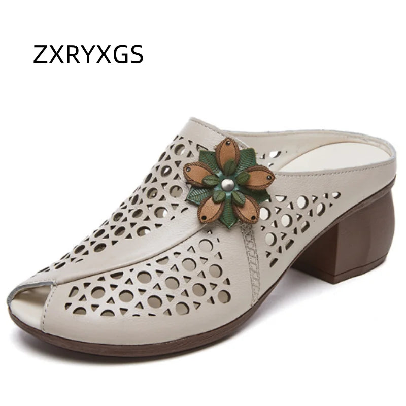 2026 New Summer Thick Bottom Slope with High Heel Slippers Genuine Leather Sandals Flowers Hollow Women Shoes Fashion Sandals