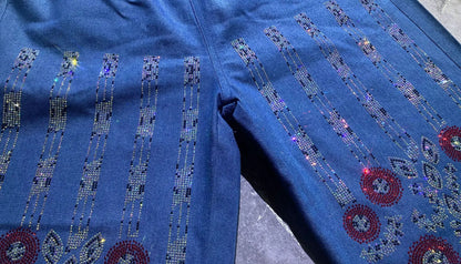 Sequins Flower Pattern Denim Turn Down Collar Short Sleeve T Shirt 2 Piece Set Woman Jeans Straight Leg Pant Set 2026 Summer