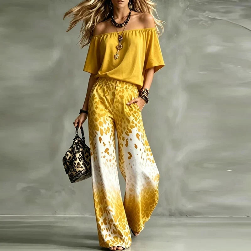 Vintage Printed One Shoulder Short Sleeve Women T-Shirts Pocket High Waist Wide Leg Pants Suit Women Casual Two Piece Set