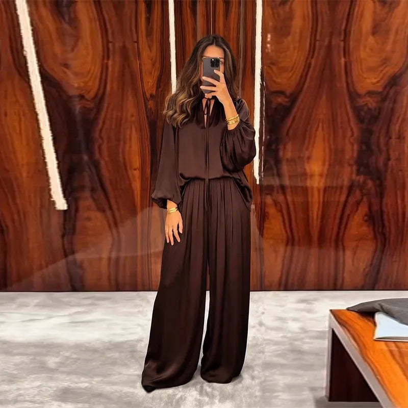 Satin Two-Piece Set Tie-Neck Balloon Sleeve Top Wide Leg Pant 2026 Spring Fashion Minimalist Loungewear Office Women Outfits