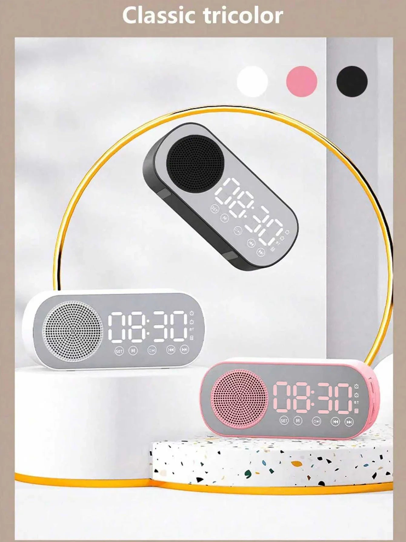 Bluetooth Speaker, Mirror-Faced Clock Alarm Clock Smart Speaker, Bass-Heavy FM Card Insertable Small Speaker