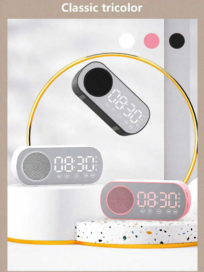 Bluetooth Speaker, Mirror-Faced Clock Alarm Clock Smart Speaker, Bass-Heavy FM Card Insertable Small Speaker