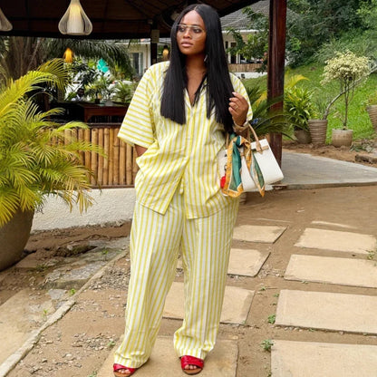 New African Fashion Women Two Piece Set Yellow Striped Printed Loose Shirt Top and Wide Leg Pants Set Outfits
