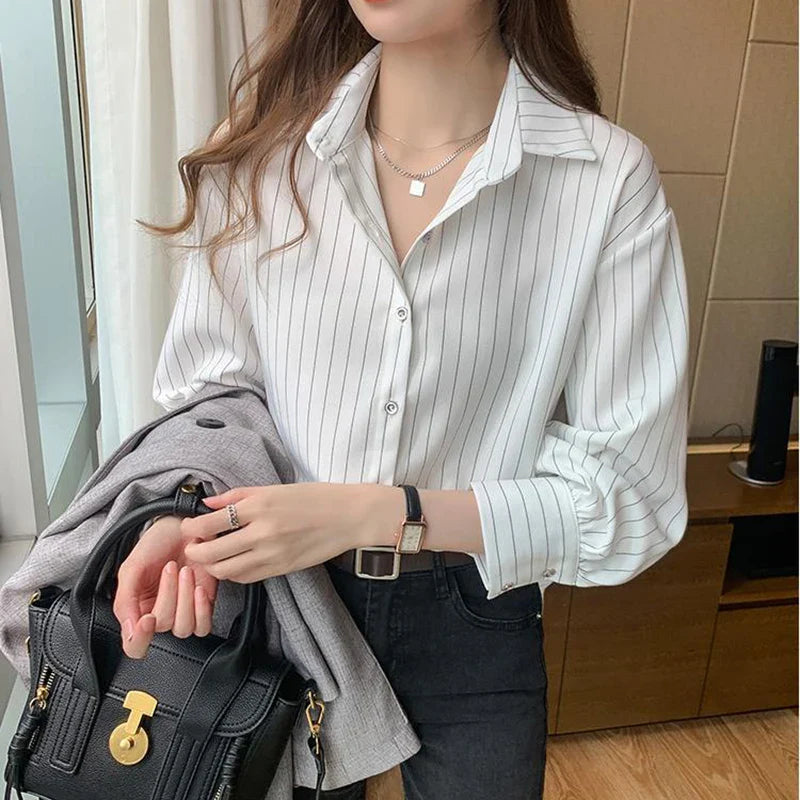 Striped Shirt Women Summer Vintage Chic Loose Long Sleeve Top Y2K Office Ladies Fashion Casual Turn Down Collar All Match Blouse