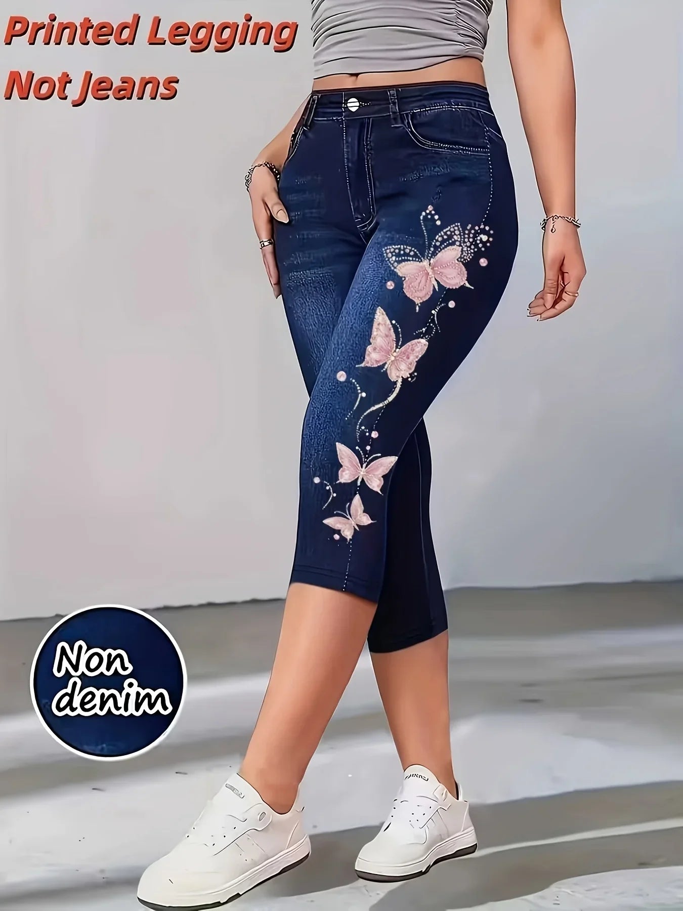 Women High Waist Slim Fit Floral Print Fake Denim 7/8 Cropped Capri Pants, Suitable For Daily Casual & Sports Wear