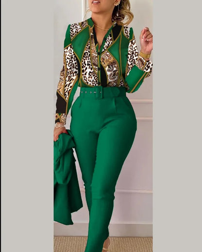 Women Shirt Pants Set Autumn Elegant Fashion V Neck Floral Print Long Sleeve High Waist Office Lady Casual Trousers Suits