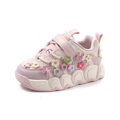 Fashion Leather Sneakers for Girls Children Casual Sports Shoes Floral Pattern Shoes for Kids Comfortable Walking Shoes