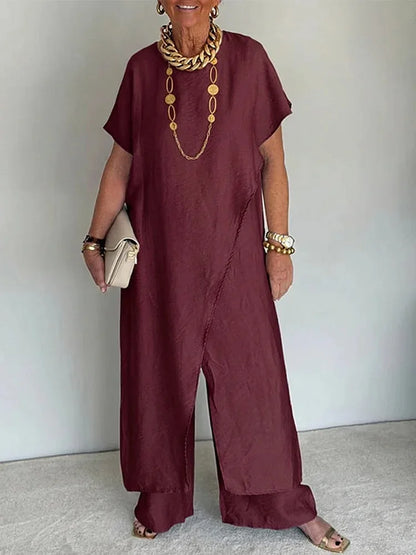 Loose Irregular 2 Piece Set for Women Short Sleeve Round Neck Long Top + Wide Leg Pants Casual Outdoor Commuting Versatile Suit