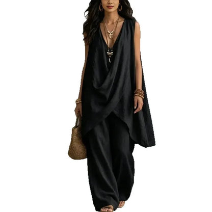 2026 Summer Linen Cotton Sleeveless Stand Collar Set Women Casual Loose Fit Solid Wide Leg Pants Vacation Outfit