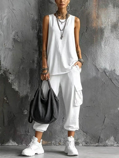 Solid Color Sports Two-piece Set Summer Fashion Sleeveless Top+wide Leg Pants Suit With Pockets Ladies O-neck Streetwear Outfit
