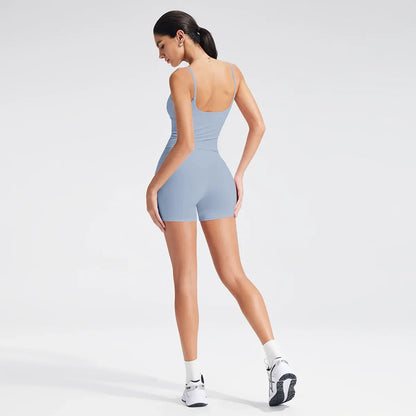 Women Square Neck Thin Strap Padded Sports Top High Waist Butt Lift Yoga Biker Shorts 2Pcs Soft Stretch Workout Matching Set