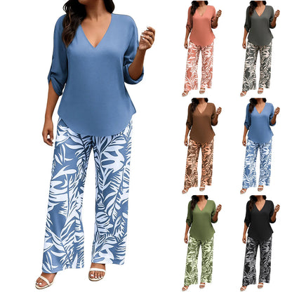 Women Solid V Neck Long Sleeve Digital Print Pants Two Piece Set Casual Stylish Matching Outfit for Daily Outdoor Lounge Wear