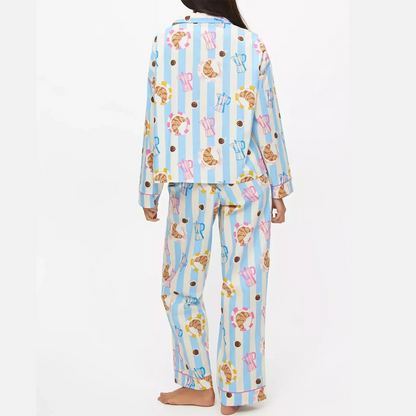 Hirigin Women's 2 Piece Lounge Set Fashion Long Sleeve Pattern Print Shirt Wide Leg Pants Sleepwear Sets for Winter Fall